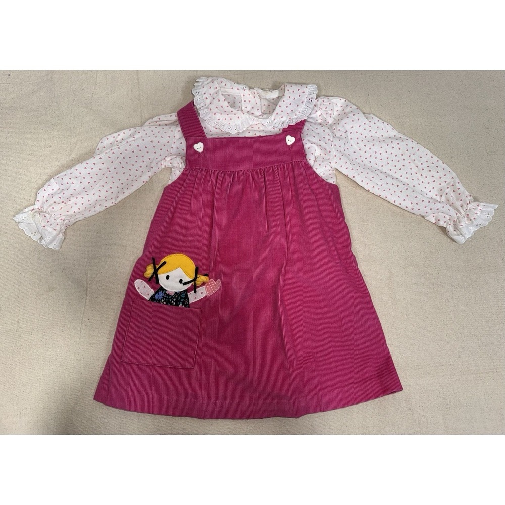 Vintage Pink Corduroy‎ Jumper Dress Set Heart Shirt Girls 4 Overalls Embroidered